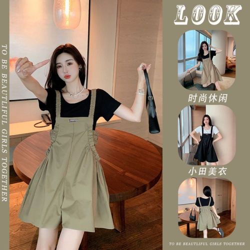 European station fashion age reduction suit 2022 summer new design sense loose and thin straight bib overalls two-piece set