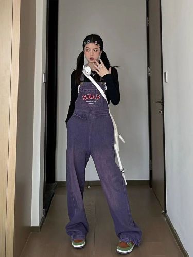 American retro purple denim overalls women's 2022 spring and autumn style loose belly-covering fried street tooling straight-leg jumpsuit [delivery within 15 days]