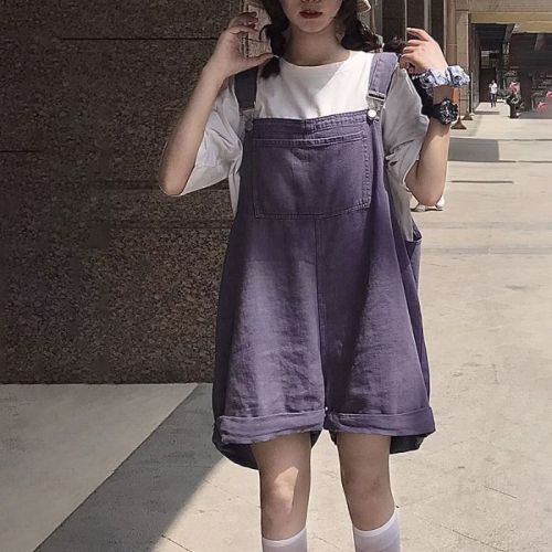 Lively and playful women's denim bib shorts summer literature and art age-reducing students loose wide-leg jumpsuit five-point pants