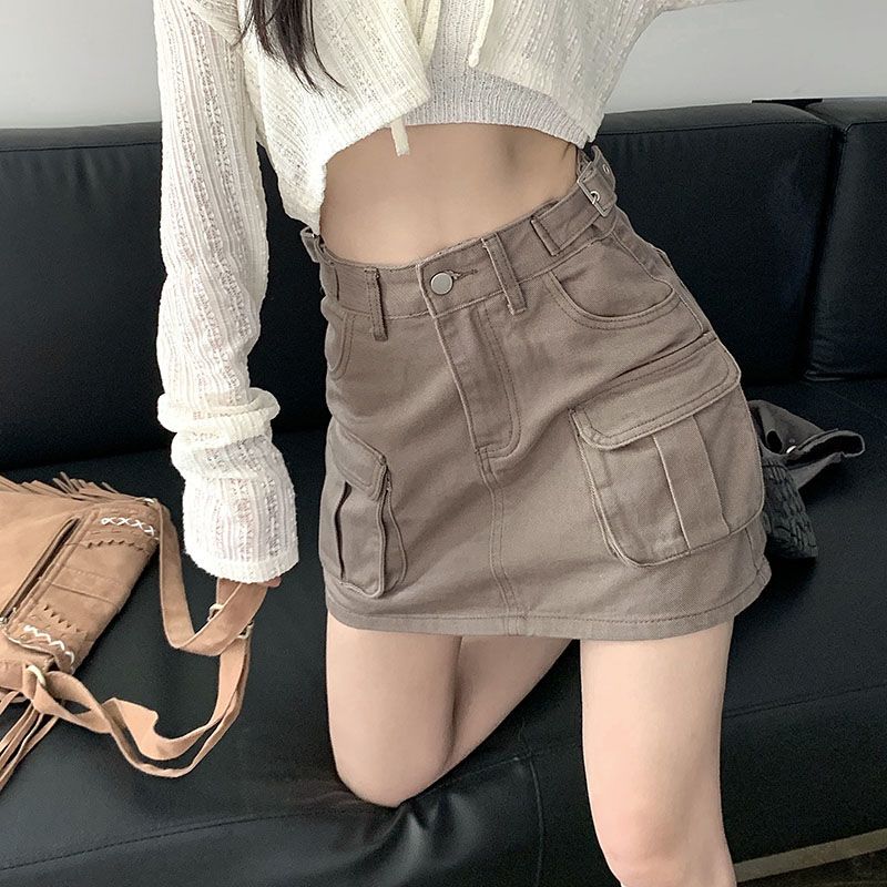Large size American retro tooling denim short skirt female fat mm summer hot girl high waist design sense a-line half-length skirt trendy