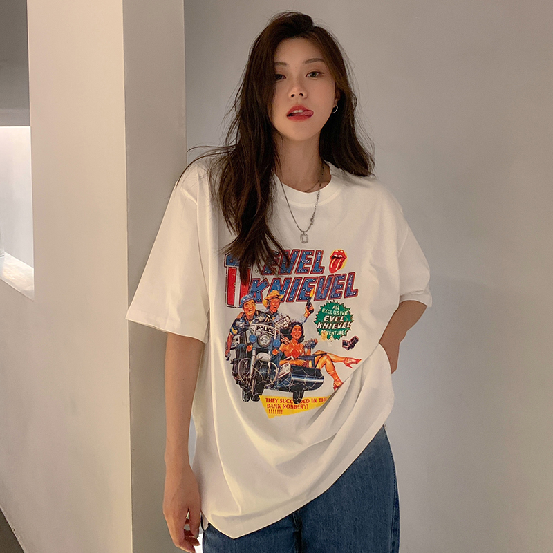 Real shot summer American retro print mid-length slit short-sleeved t-shirt for women