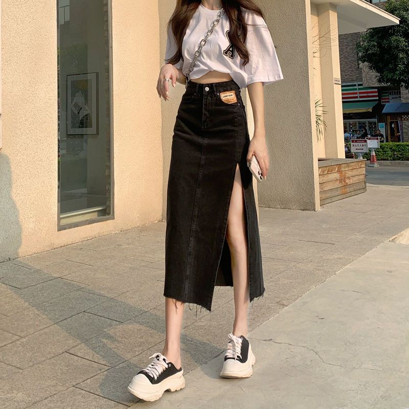 High waist slit denim skirt women 2022 summer thin section light color thin all-match mid-length fork skirt