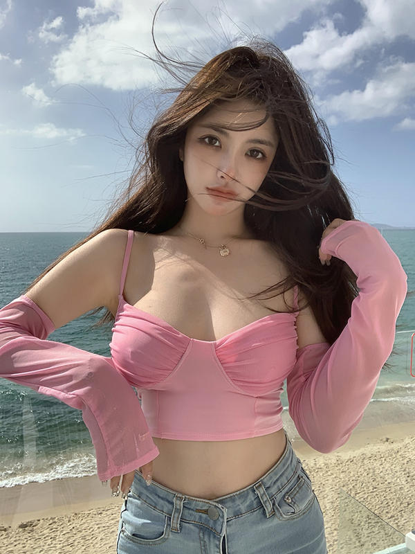 Real shot real price 2023 new style short top sexy hot girl suspenders mesh stitching sleeve vest