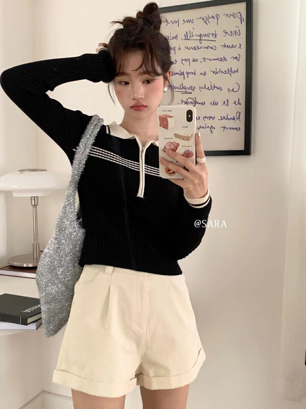[SARA] All-match Polo Collar Contrast Color Zipper Knit Sweater 2137# ZXX