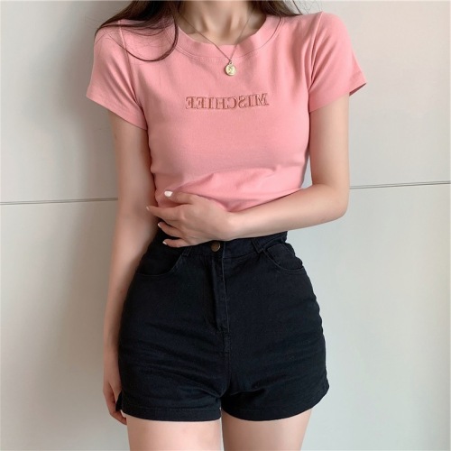 Fashion summer new creative letter embroidery slim short-sleeved T-shirt female student top tide