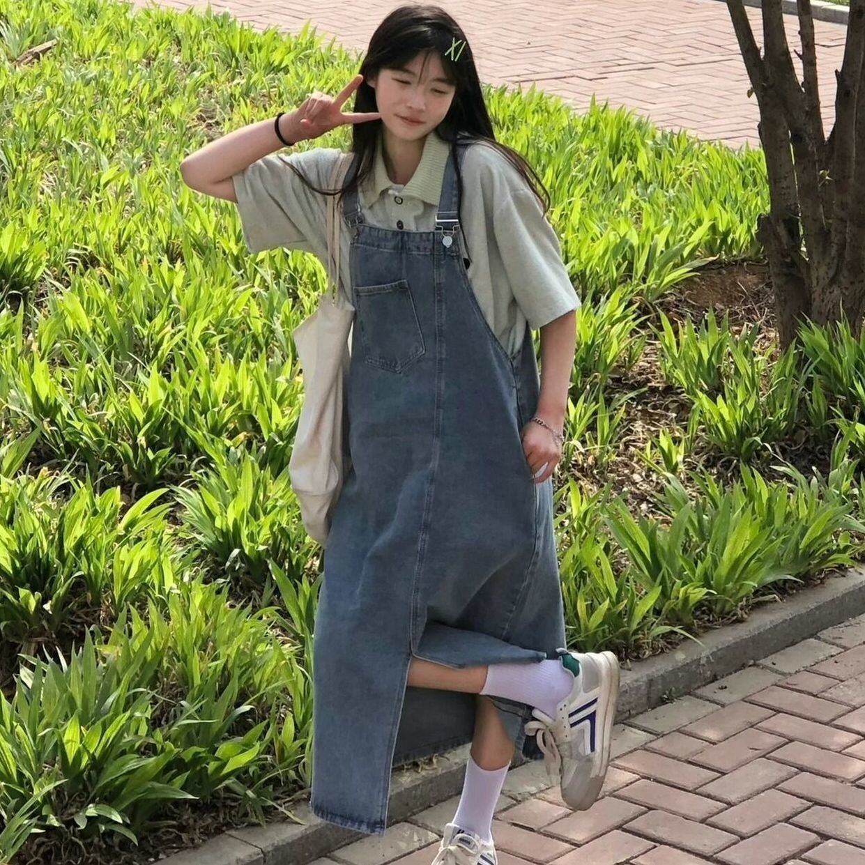 Salt system irregular slit denim suspender skirt women's spring and autumn new retro loose slim long suspender dress