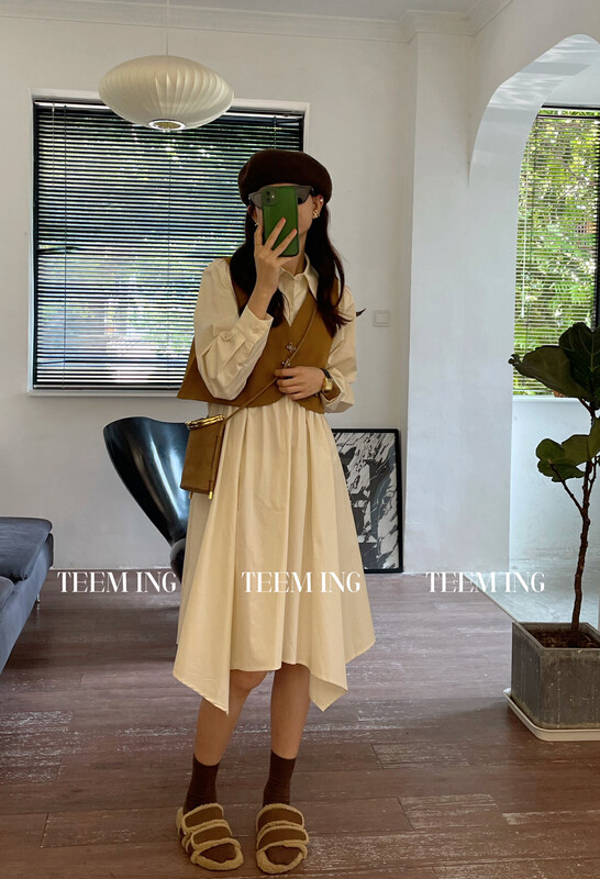 2023早春新款!【TEEM ING】韓系淨版襯衫連衣裙+蝴蝶扣馬甲套裝  856#  HJY