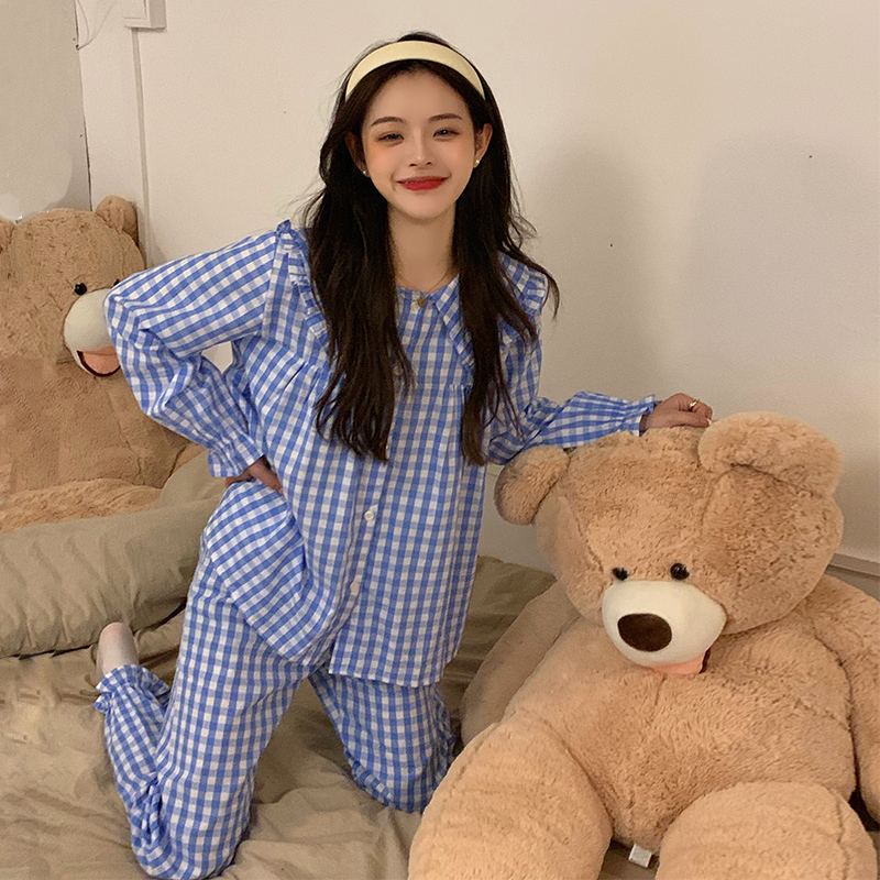 Real price real price Vitality girl Han Qiu plaid doll collar pajamas set
