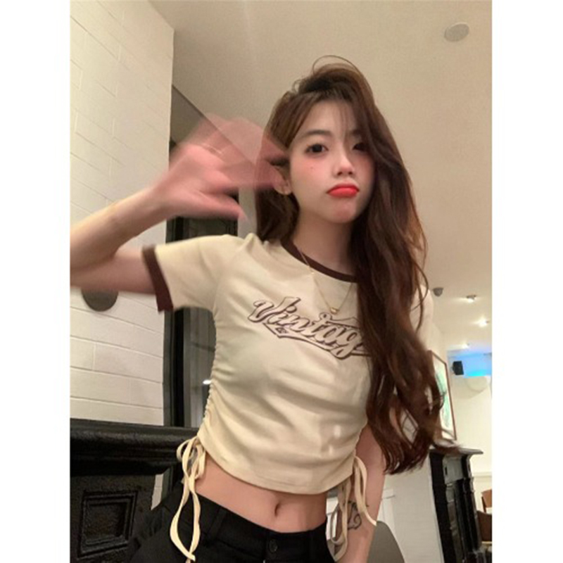 Official picture 6535 pull frame cotton American retro strap short T-shirt female summer new slim