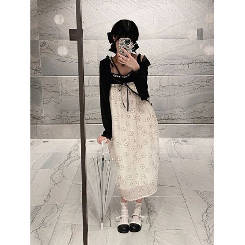 Japanese student loose thin cardigan jacket + floral suspender dress two-piece female summer niche suit