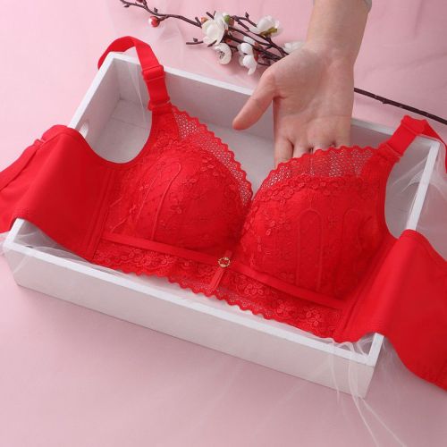 Red underwear women's summer small chest gathered thin section without steel ring to receive breast anti-sagging thickened bra sexy suit