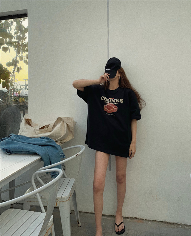 Real price real retro all-match loose print mid-length T-shirt