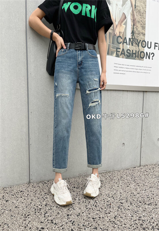 2023早春新款!【OKD】破洞哈倫顯瘦高腰百搭牛仔褲(配腰帶)  52986#  ZXL