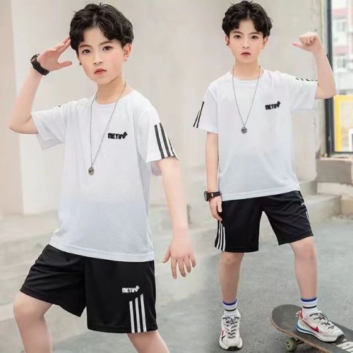 Children's summer new quick-drying sports casual short-sleeved shorts medium and large boys two-piece loose breathable suit tide