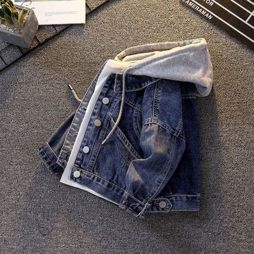 Boys' denim jacket spring and autumn 2023 new foreign style children's denim jacket hooded autumn and winter fleece top boys trendy