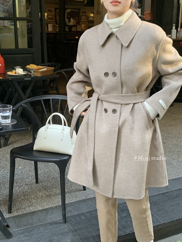 [MOXI] Korean all-match mid-length double-sided cashmere coat wool coat (with belt) 75760# CQW
