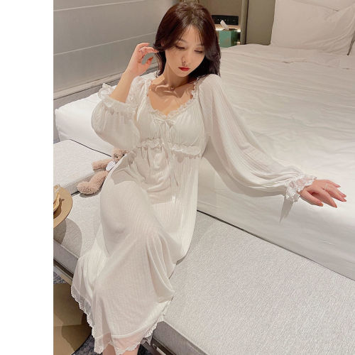 Modal nightdress long-sleeved spring and autumn pajamas with chest pad women's summer sexy pure desire palace long skirt pure cotton home service