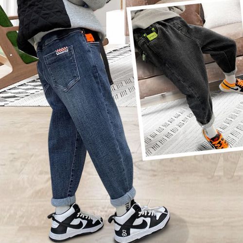 2023 Spring and Autumn New Boys' Pants Children's Jeans Medium and Big Boys Korean Version Autumn and Winter Thickened All-in-One Fleece Casual Pants