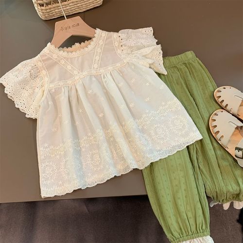 Girls' suit 2022 summer new Korean version of the female treasure shirt top lace anti-mosquito pants western style fashionable two-piece set