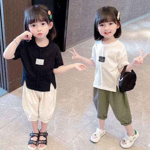Girls summer suit children's clothing fashionable foreign style children's pure cotton short-sleeved baby girl summer casual two-piece suit