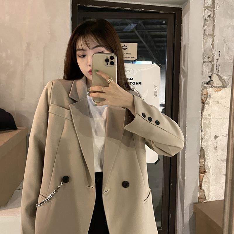 2023 spring new retro Hong Kong style design sense chain loose drape explosion style long-sleeved suit jacket women's trendy cool
