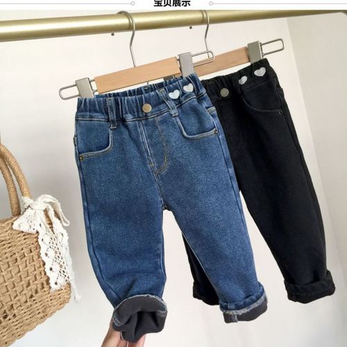 Girls' one-piece velvet jeans 2023 autumn and winter new baby elastic slim plus velvet pencil pants children's warm pants