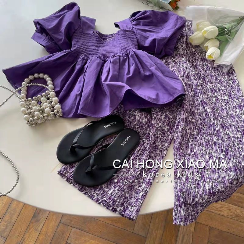 Girls' suit 2022 summer fashion latest style medium and large children's foreign style short-sleeved top floral trousers two-piece set