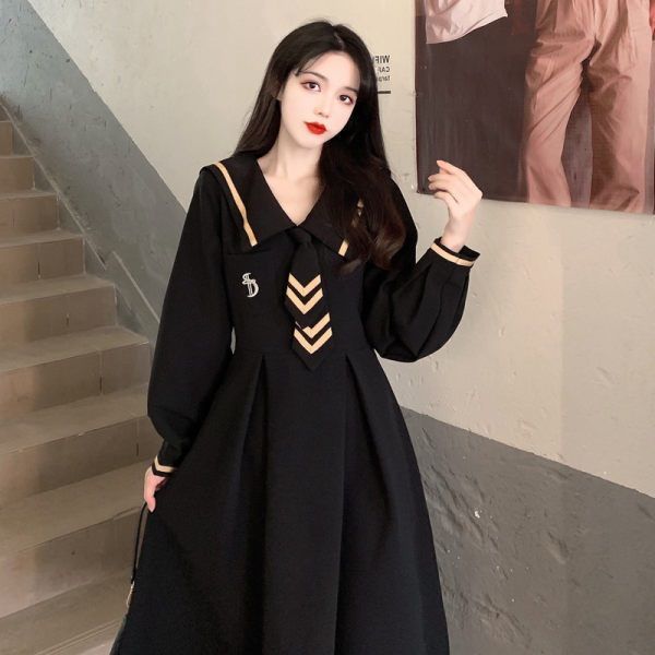 Fat mm large size skirt women's autumn and spring retro navy collar long-sleeved dress college wind cover meat slim fairy skirt