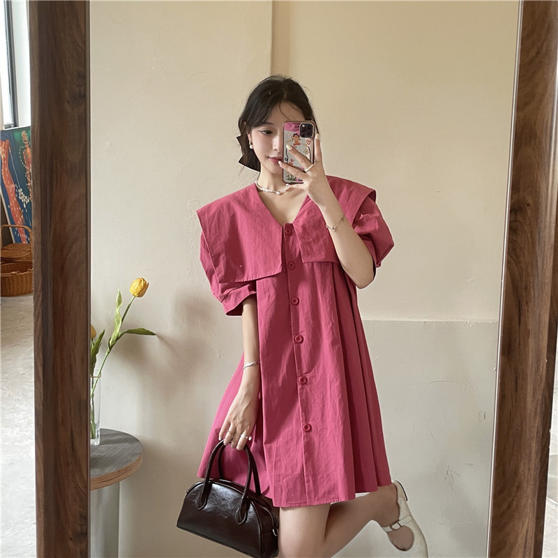 Real shot and real price new Korean style loose and slim navy collar puff sleeve A-line skirt dress