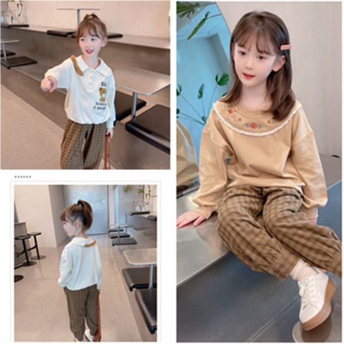 Girls autumn suit new plaid foreign style trousers girl Korean style pullover long-sleeved sweater two-piece spring and autumn suit