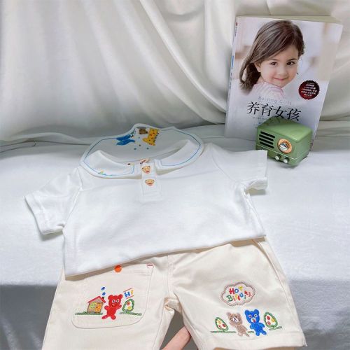 Children's Japanese embroidery jacket jeans suit boys and girls summer cotton short-sleeved white shirt cotton jeans