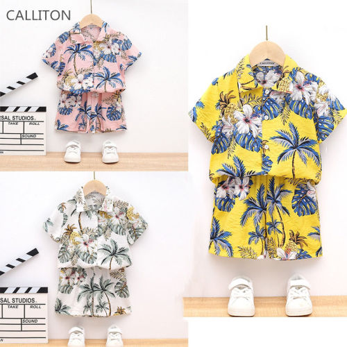 Boys' ice silk flower shirt summer suit 2022 new style big children's vacation beach clothes thin section trendy show