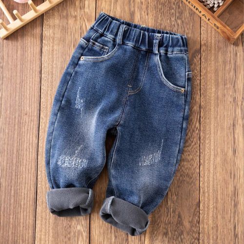 Boys fleece jeans 2023 new children's baby winter thickened warm children's soft elastic pants