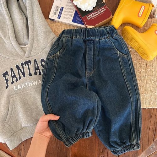 Practical and good beam jeans with thickness, fleece loose and versatile casual pants for boys and girls 2023