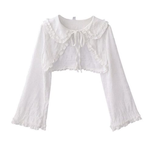 Summer new niche design doll collar fungus lace tie high waist short long-sleeved sun protection shirt women's coat