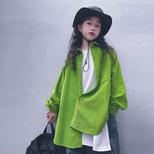 2022 Korean version autumn and winter boys and girls pure cotton corduroy shirt color all-match top coat shirt parent-child models