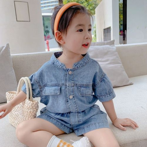 Children's clothing 2023 summer new girls' Korean denim shirt children's casual five-point pants two-piece suit trendy