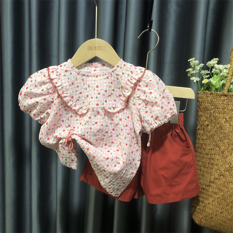 Girls summer suit foreign style baby girl suit summer children's floral shirt shorts two-piece princess style