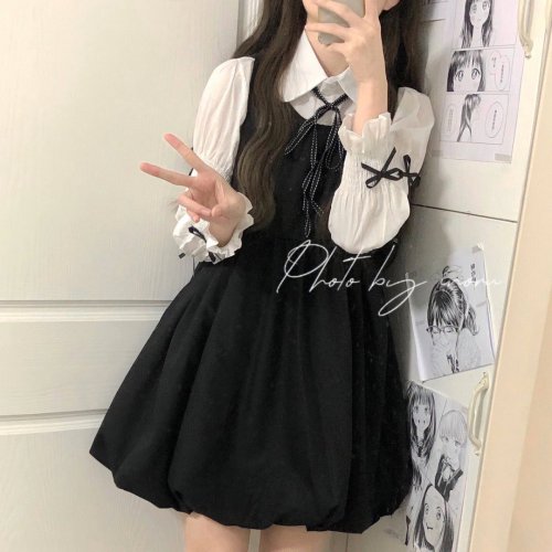 Two pieces/set Sweet college style suspenders flower bud dress female student + French all-match bow shirt