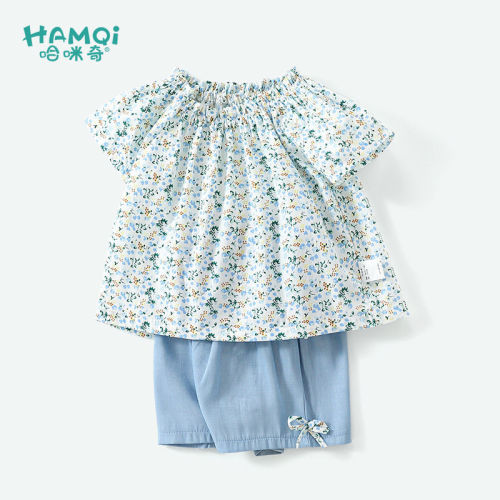 Children's clothing baby foreign style suit summer baby cotton shirt denim shorts girls summer floral children's clothes