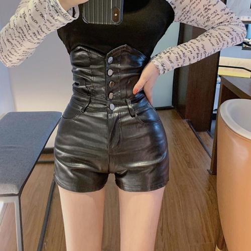 2023 autumn and winter Korean version slimming single-breasted button PU leather shorts women's tight-fitting outerwear super high waist bag hip hot pants