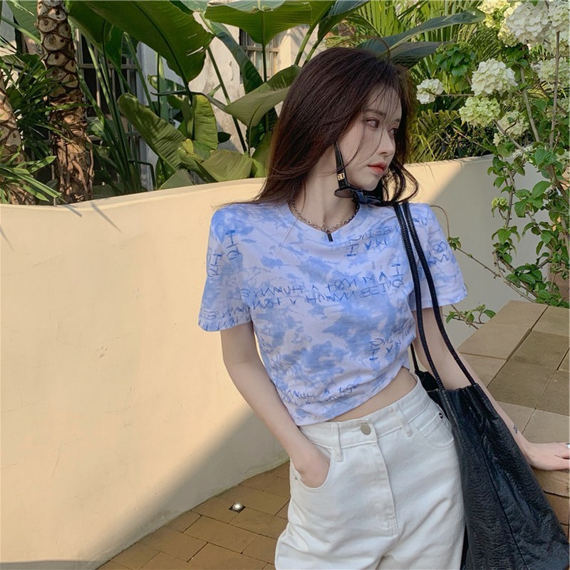 Fashionable summer new style Internet celebrity tie-dye printed short-sleeved T-shirt for women Korean style high-waisted navel-baring short top for women