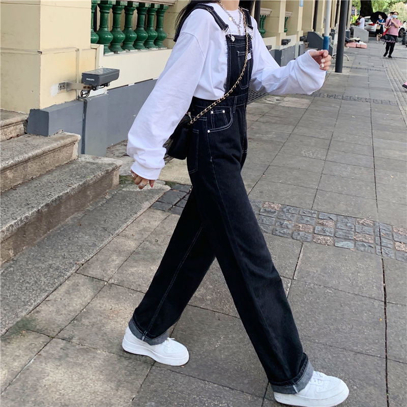 Black high waist denim overalls spring 2023 new Korean version loose slim straight trousers women's ins trend