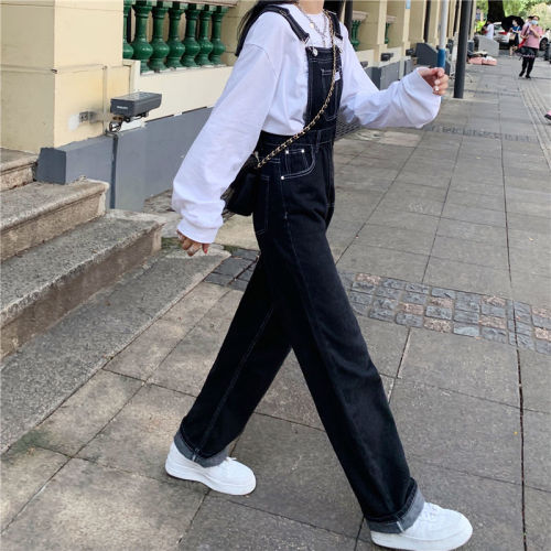 Black high waist denim overalls spring  new Korean version loose slim straight trousers women's ins trend