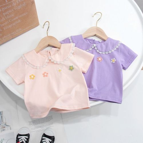 Children's clothing girls short-sleeved T-shirt lace 2022 new foreign style summer clothes children's Korean version tops girl baby princess T-shirt