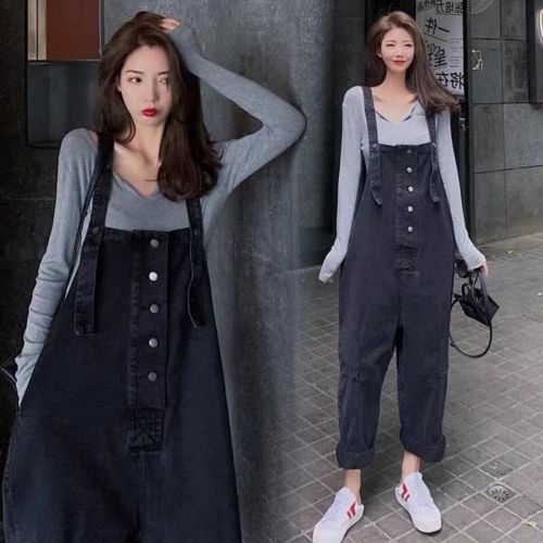  autumn and winter new Korean version retro casual loose wide-leg denim overalls female straight slim jumpsuit