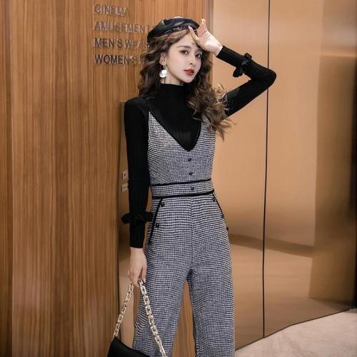 Woolen houndstooth suspenders suit women's autumn and winter  foreign style age-reducing wide-leg suspenders jumpsuit two-piece set