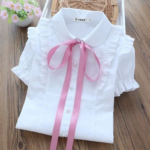 New Girls White Shirt Foreign Style Short Sleeve 2023 Spring and Autumn Baby Shirt Girl Big Boy Tops College Style