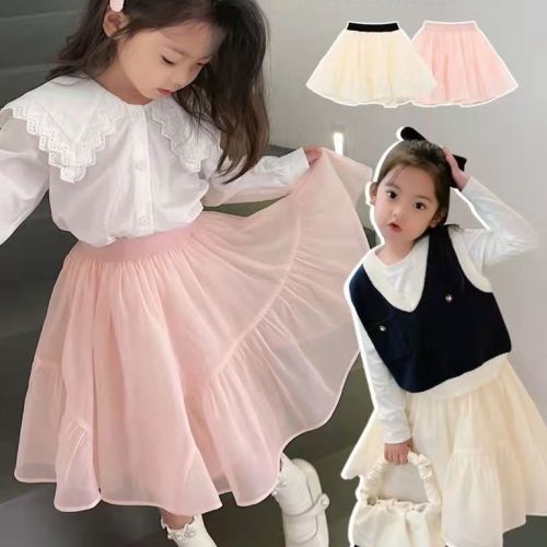 Girls' clothing spring and autumn clothing mesh skirt  new all-match children's fluffy pleated skirt summer style