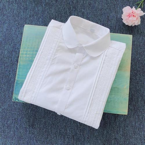 2021 Girls White Shirt Long-sleeved Cotton Bottom Shirt Big Boy Lace Lace Pure White Shirt Student School Uniform